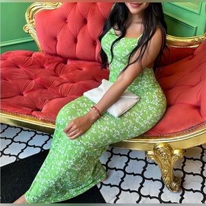 Green Floral Maxi Dress open back silky and sexy pastel